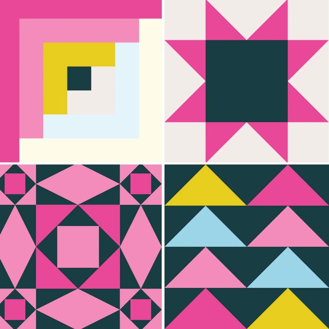 grid with 4 classic quilt blocks, log cabin, sawtooth star, storm at sea and flying geese