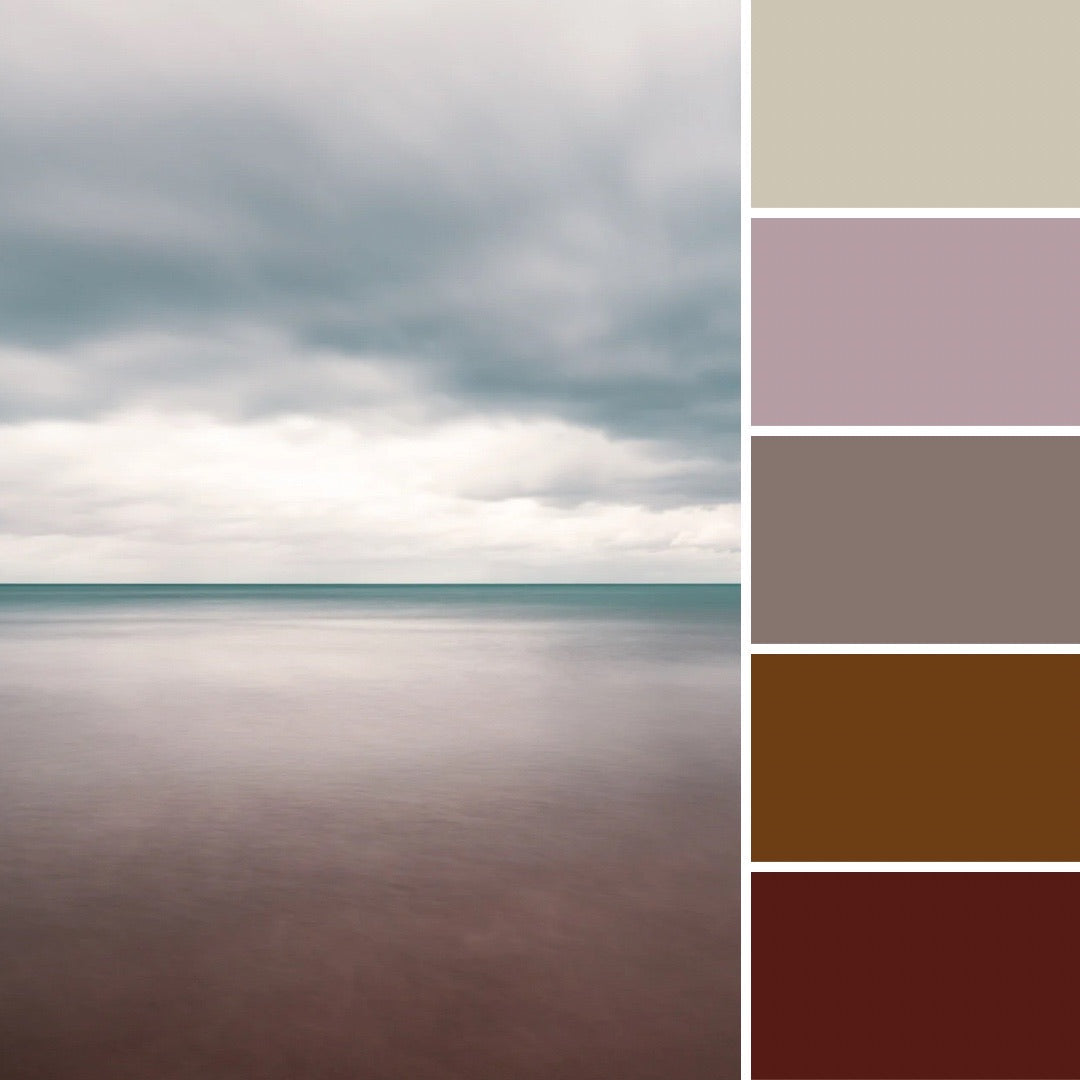 monthly quilt palette of neutral earth tones next to picture of the coastal sky that inspired it