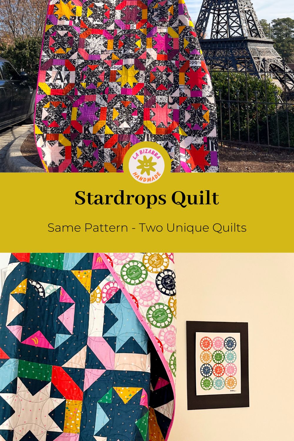 side by side image of two different stardrops patchwork quilts from same quilt pattern