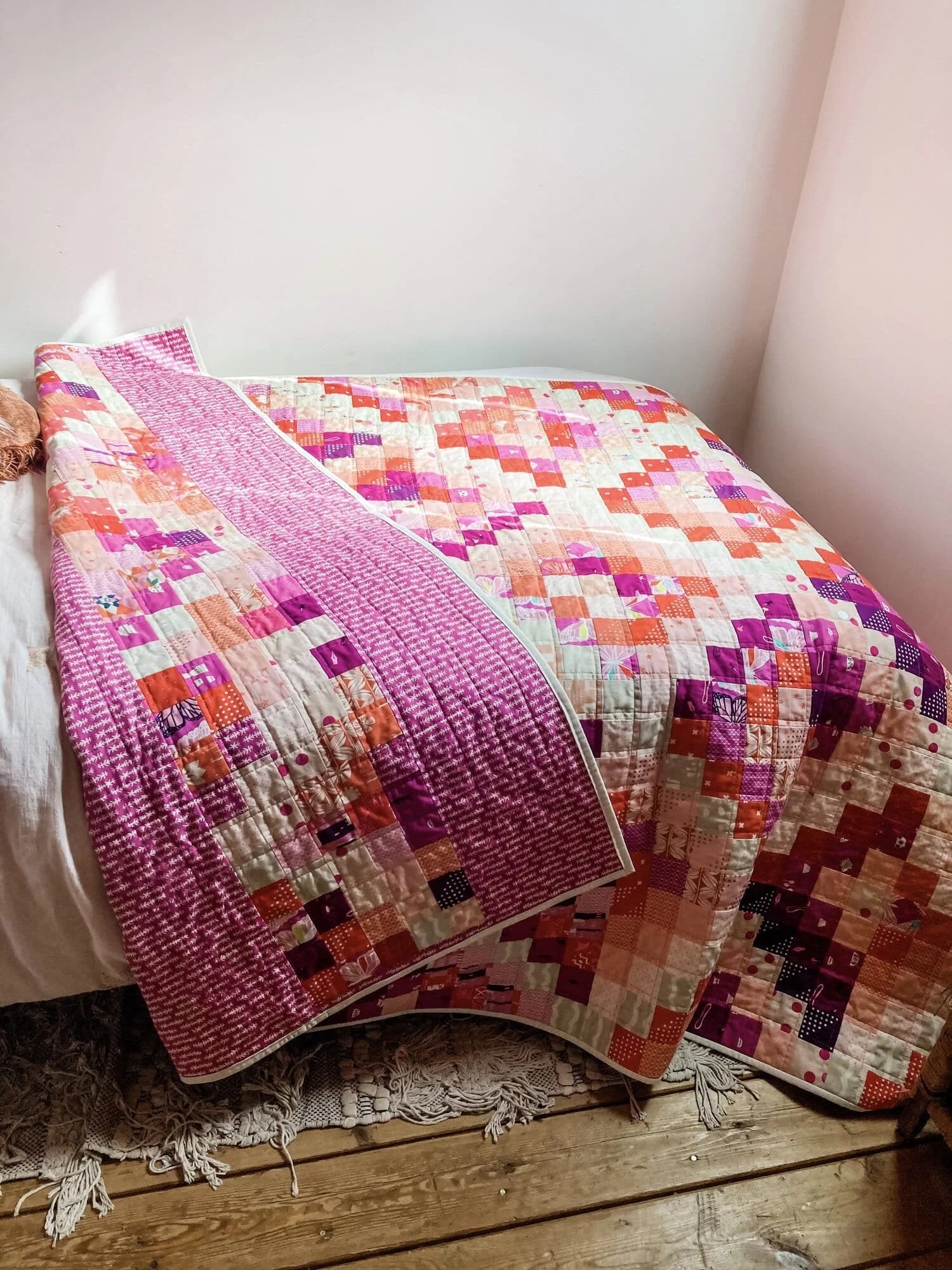 Pink Tourmaline Scrappy Trip quilt