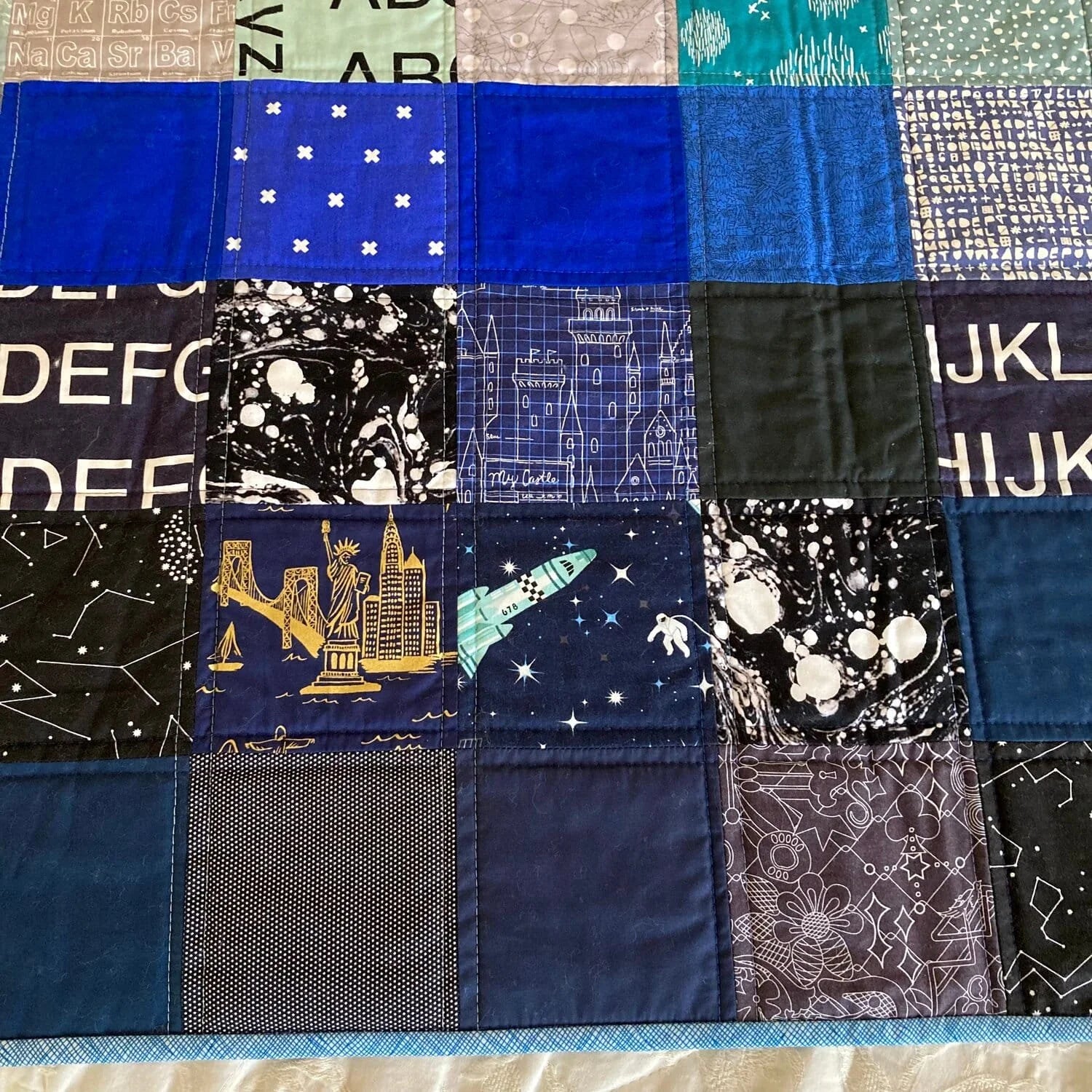 Mod Blue I-Spy baby quilt