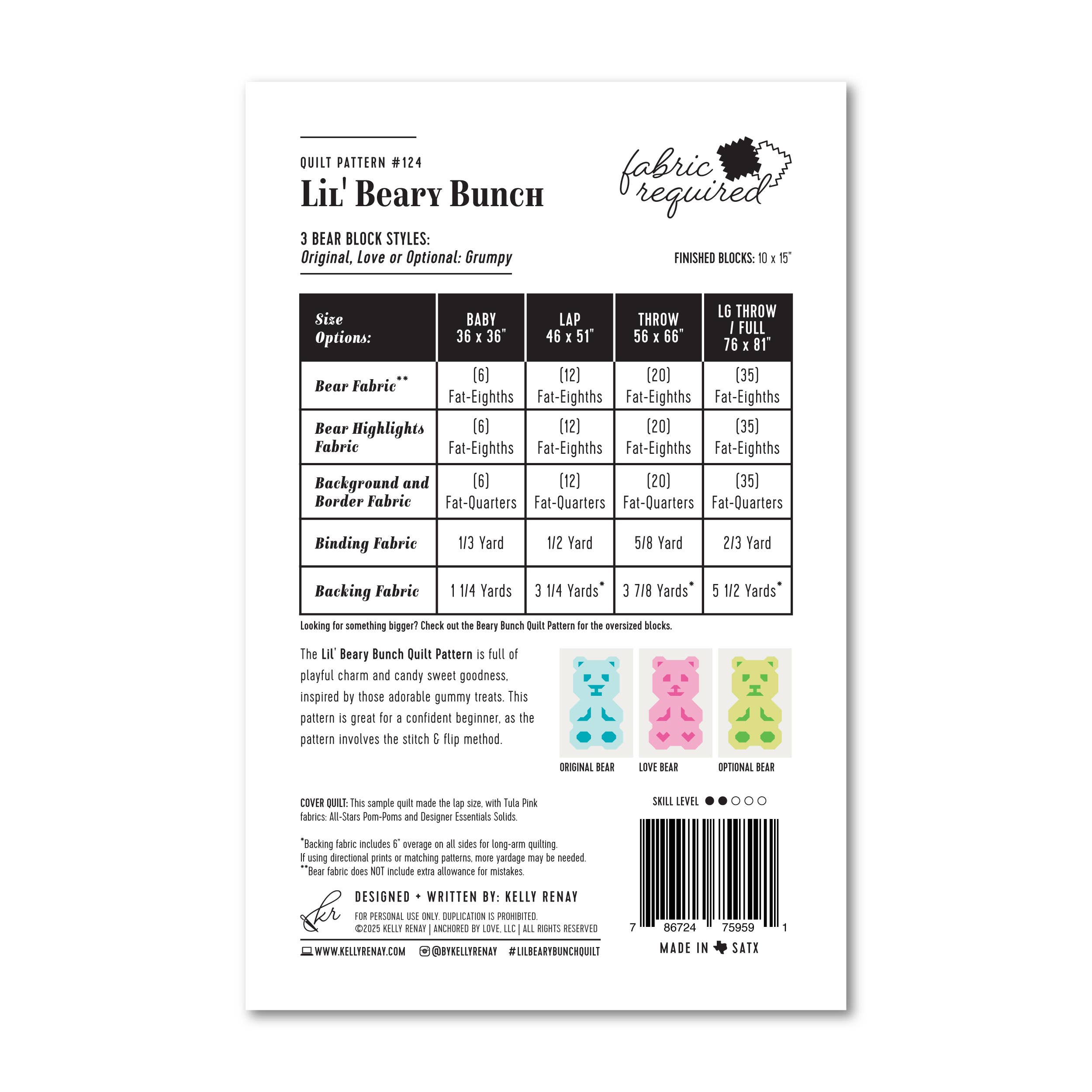 Lil' Beary Bunch Quilt Pattern - Kelly Renay