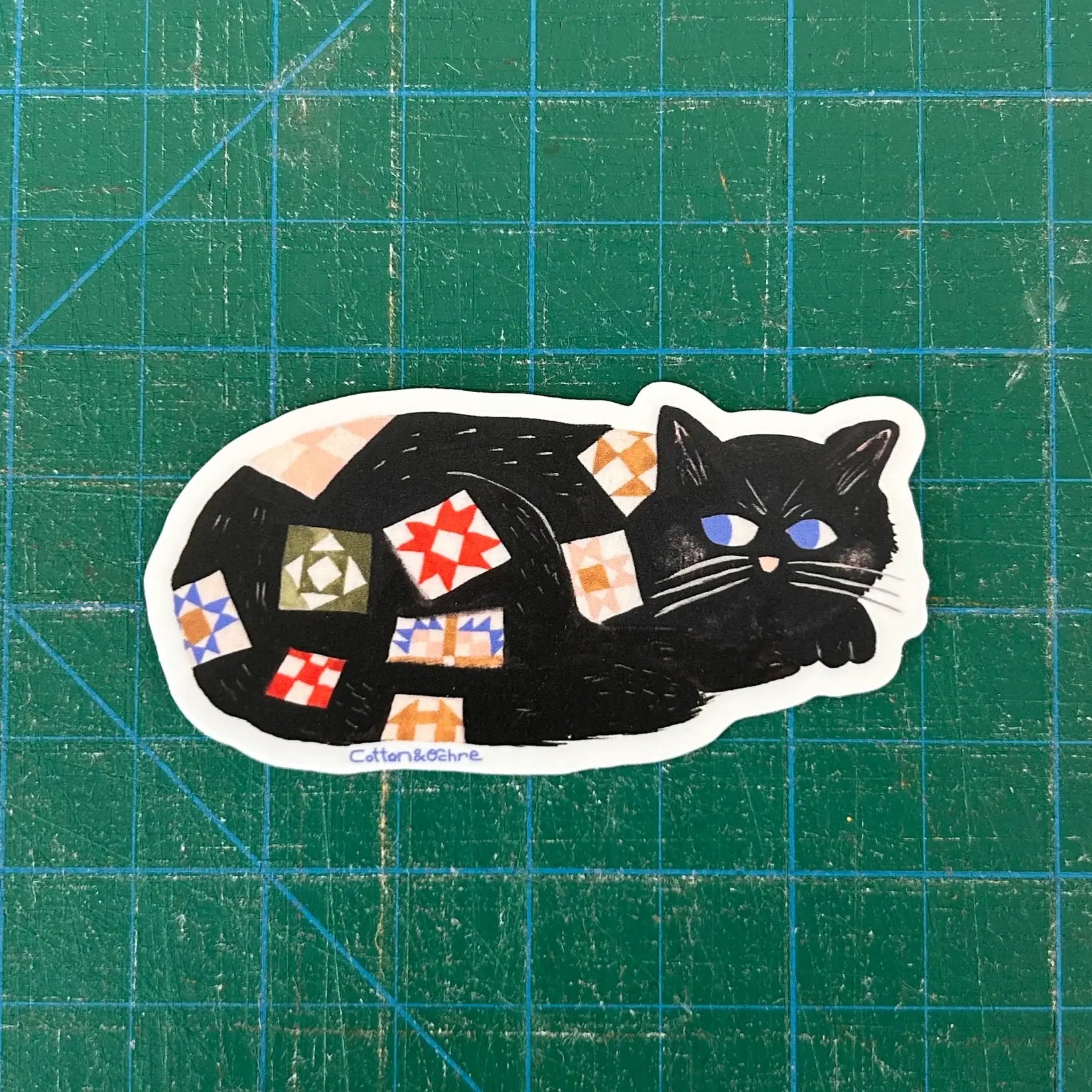 Quilty Cat Sticker - Cotton and Ochre
