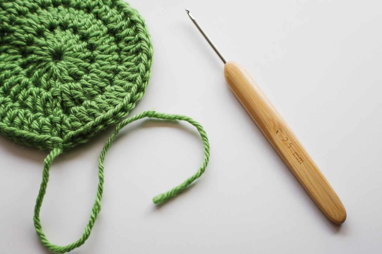 Green crocheted circle with a bamboo handled crochet hook on a white background