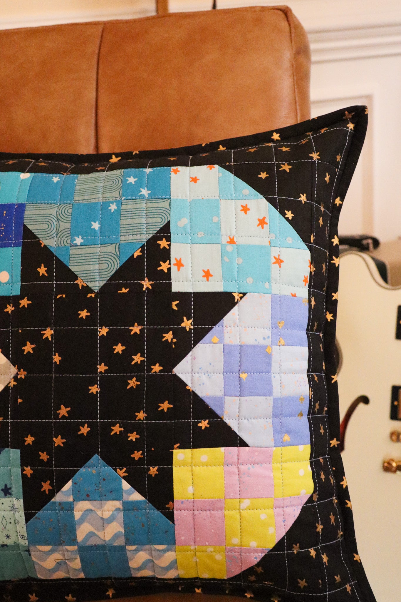 Disco Star Quilted Throw Pillow - Cool Colors