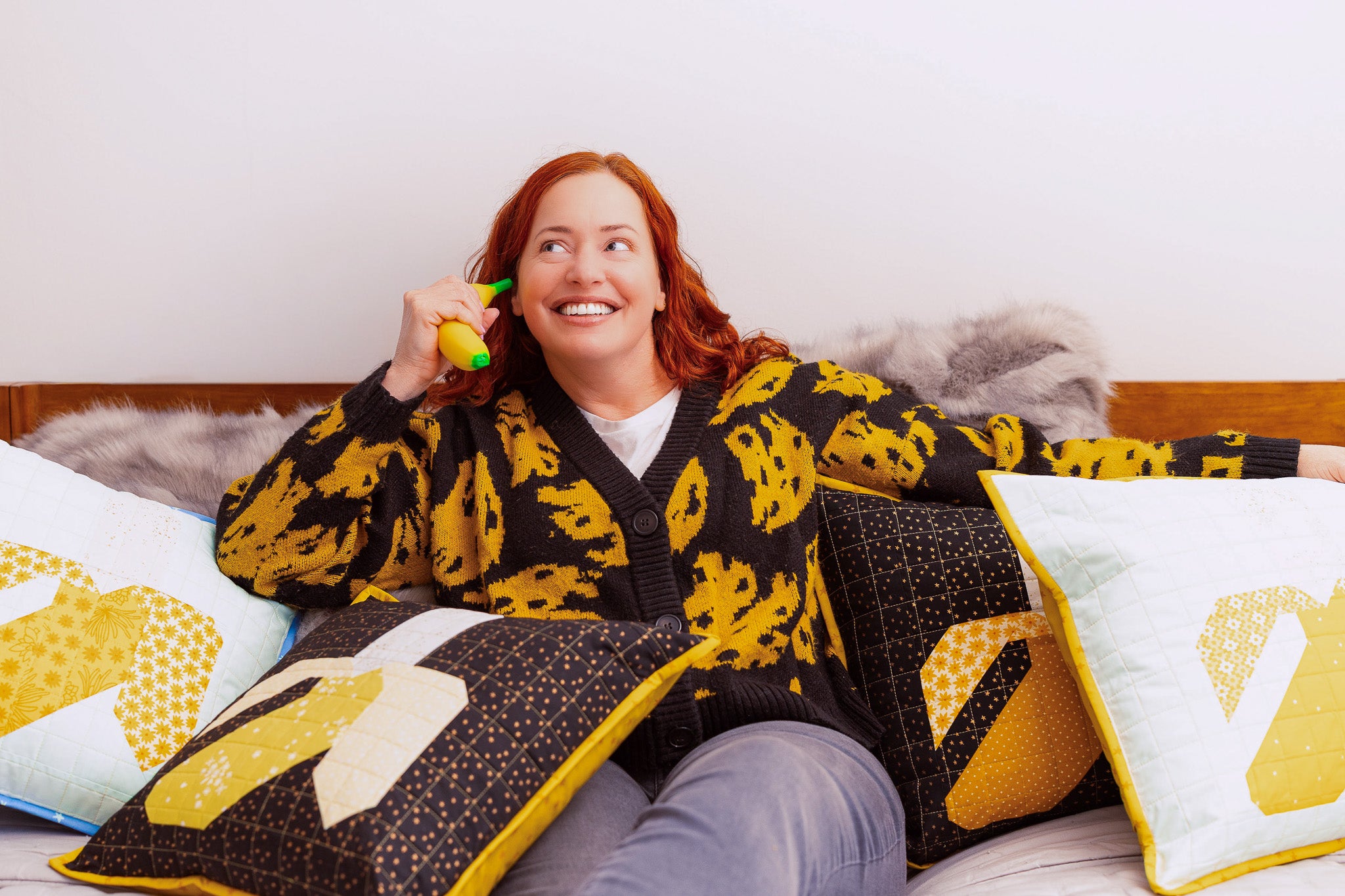 Banana Pop Art Quilted Throw Pillow - Black