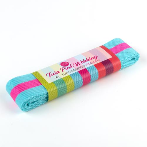 1.5" Stripe Webbing - 2 Yards - Tula Pink - Aqua/Hot Pink